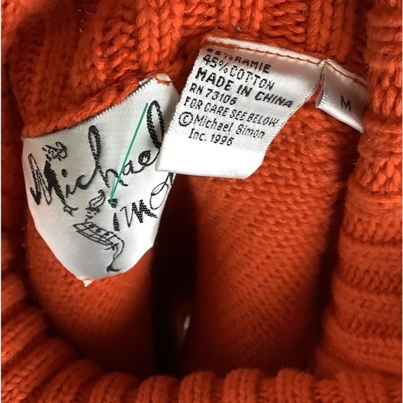 Vintage Michael Simon Sz M Cat Face Embroidered Crop Sweater Orange Ramie 90s - Picture 5 of 5